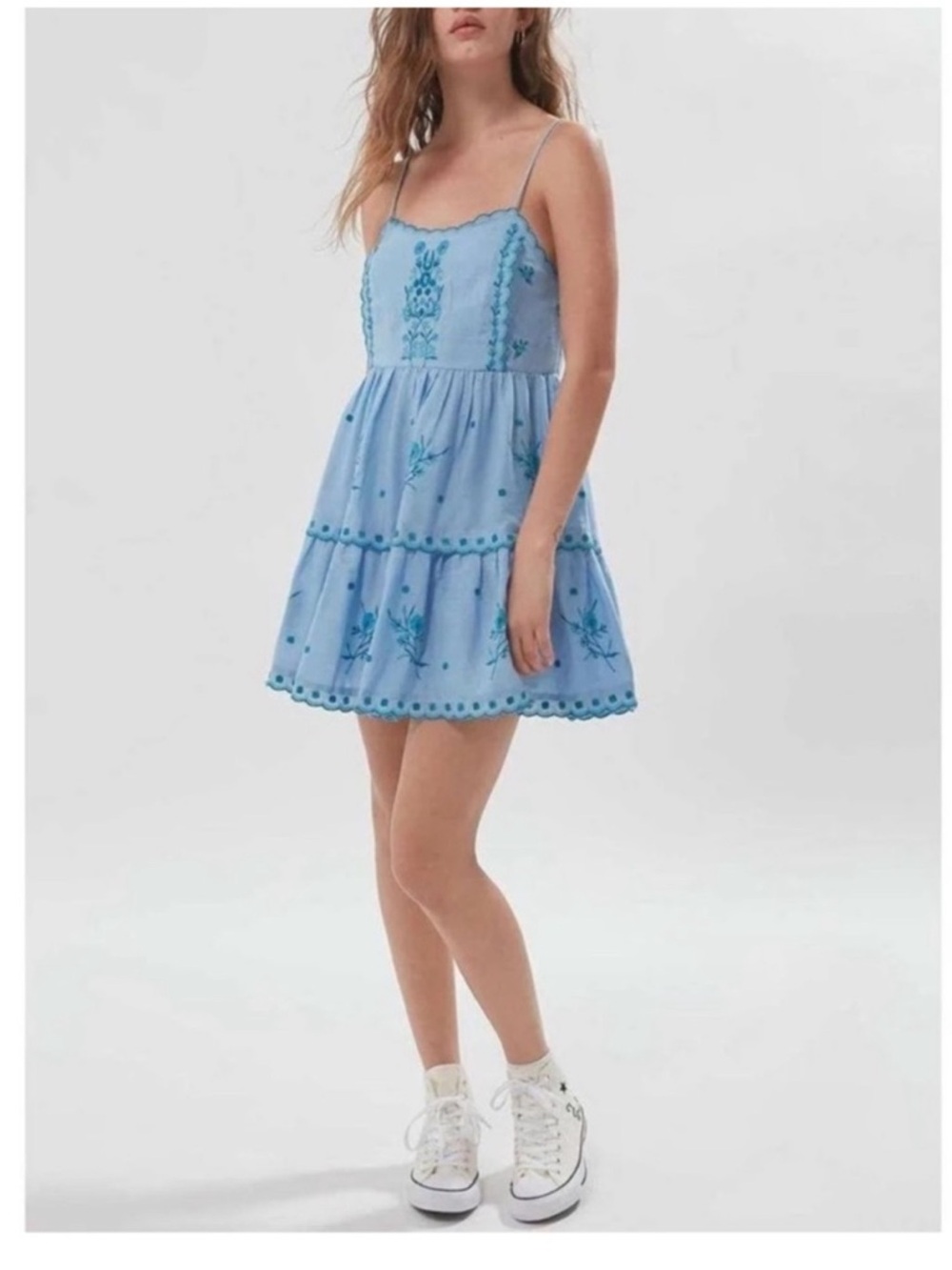 Urban Outfitters Hanna scalloped spaghetti strap blue bohemian mini dress medium